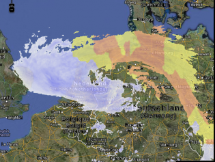 Sneeuwradarbeeld 9 maart 2013 14 UTC. Bron: Niederslagradar.de